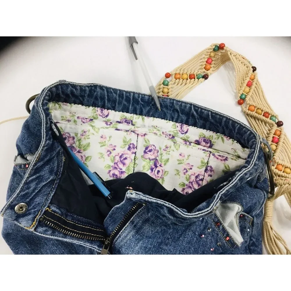 Pocketbook Macrame Handmade‎ Skirt Handbag Boho Denim Tote Rinestones Pockets
